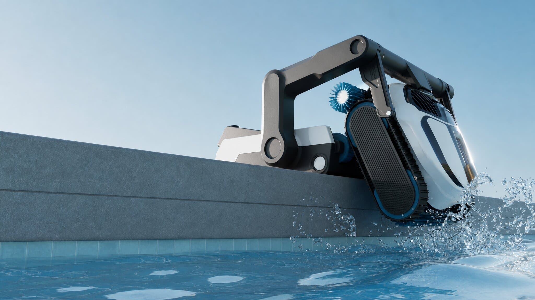 Robot de piscine grimpant la paroi verticale en bassin de test