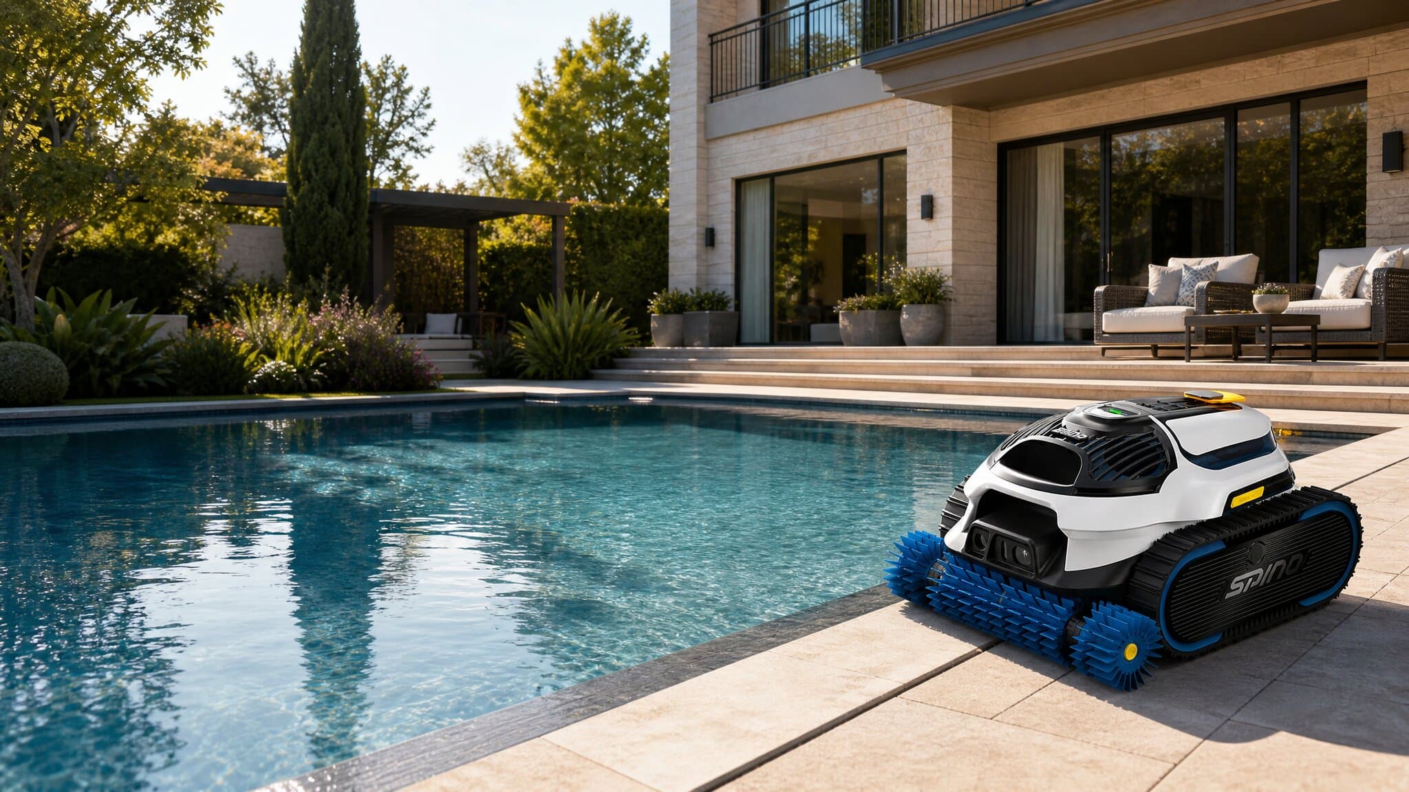 Robot piscine sans-fil au bord d'un bassin résidentiel après cycle complet